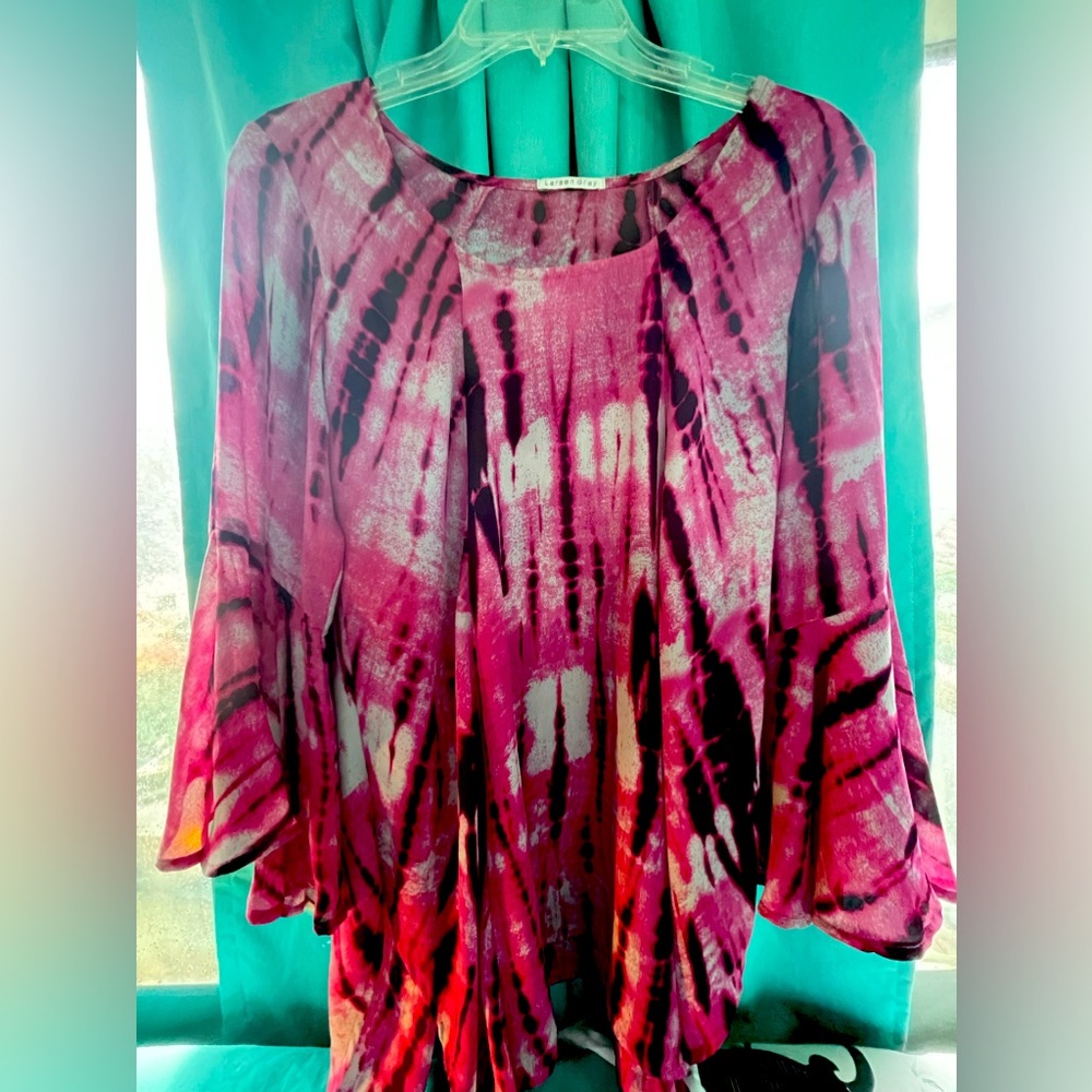 LARSEN GRAY TIE DYE BRIGHT  DOLMAN SLEEVES GAUZY BLOUSE SIZE L